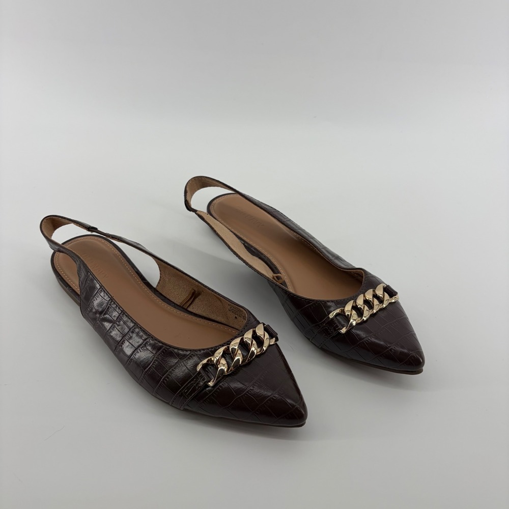 Old Navy Chocolate Croc Embossed Pointy Toe Slingback Flats‎ Chain Accent Size 8